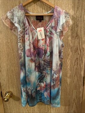 Jessica Blue Floral Lace-Sleeve Women's Blouse - Multicolor Print